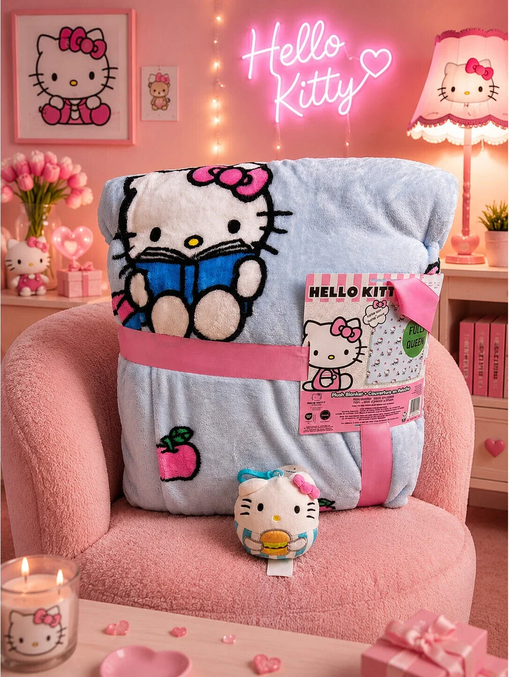 🙀HELLO KITTY FULL QUEEN APPLES AND BOOK PLUSH BLANKET W PLUSH MASCOT CLIP!